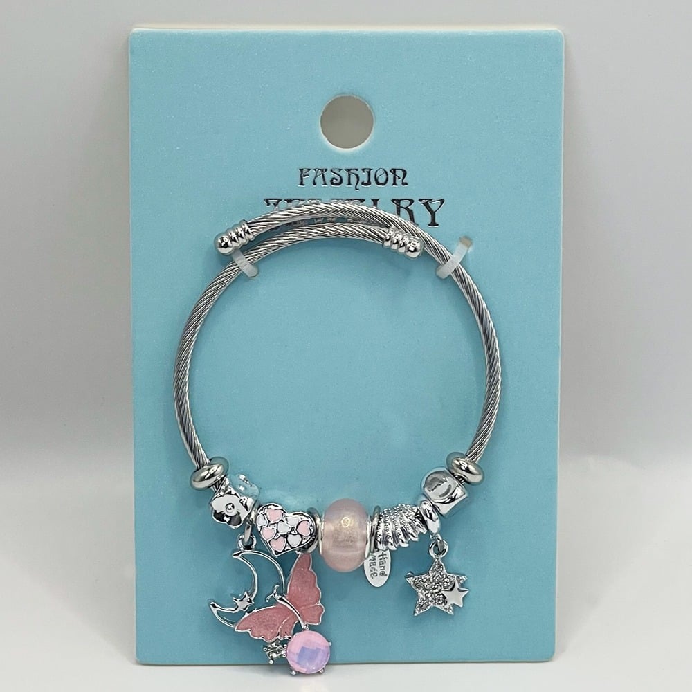 Stainless Steel Charm Bracelet with Pink BEAD and Butterfly Design