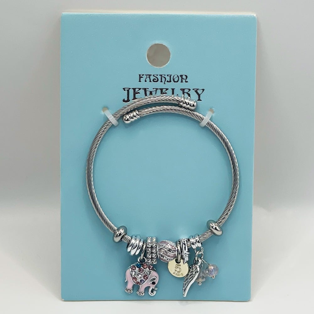 Silver Stainless Steel CHARM Bracelet with Pink Elephant and Cute Design