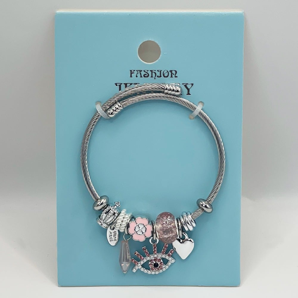 Stainless Steel CHARM Bracelet with Pink Protective Eye Design