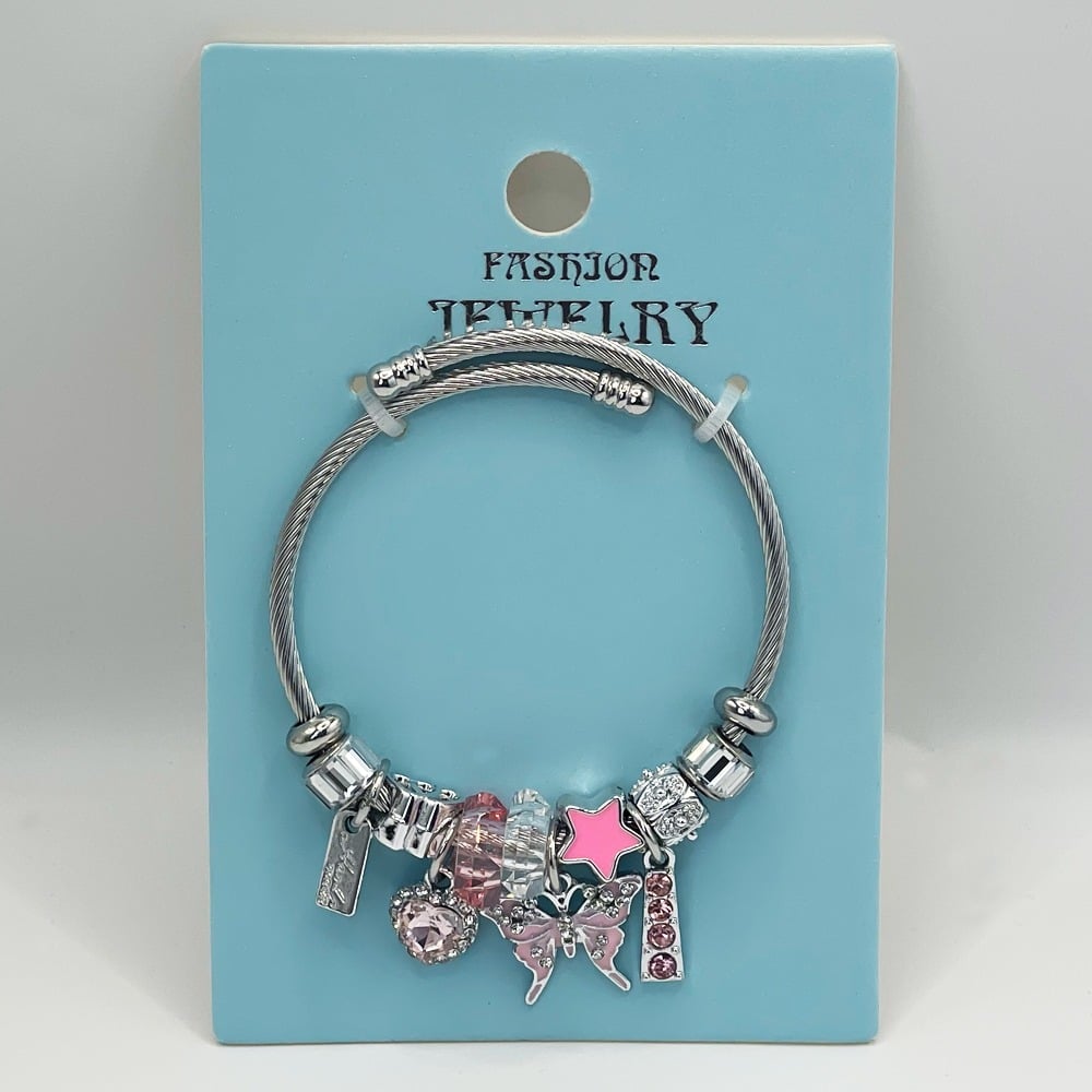 Stainless Steel CHARM Bracelet with Pink Rhinestone Butterfly Design