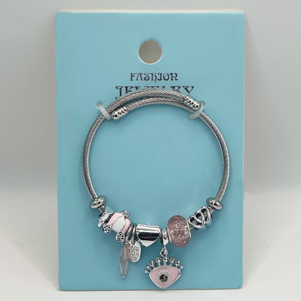 Stainless Steel CHARM Bracelet with Cute Pink Gemstone and Beads Design