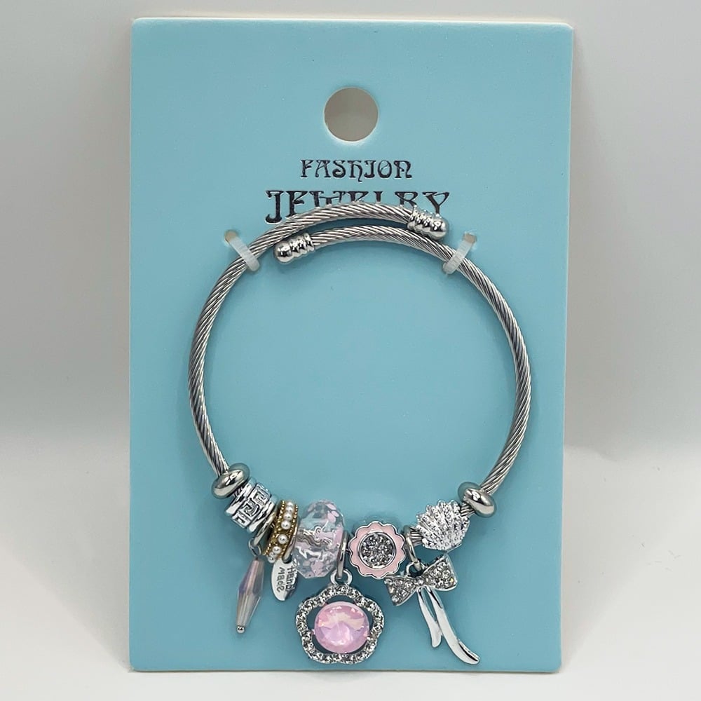 Stainless Steel Charm Bracelet with Pink Rhinestone and PEARL Design