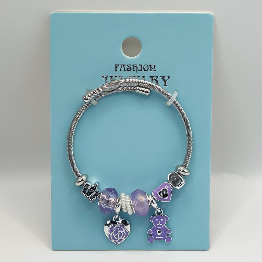 Stainless Steel CHARM Bracelet with Purple Heart and Bear Design