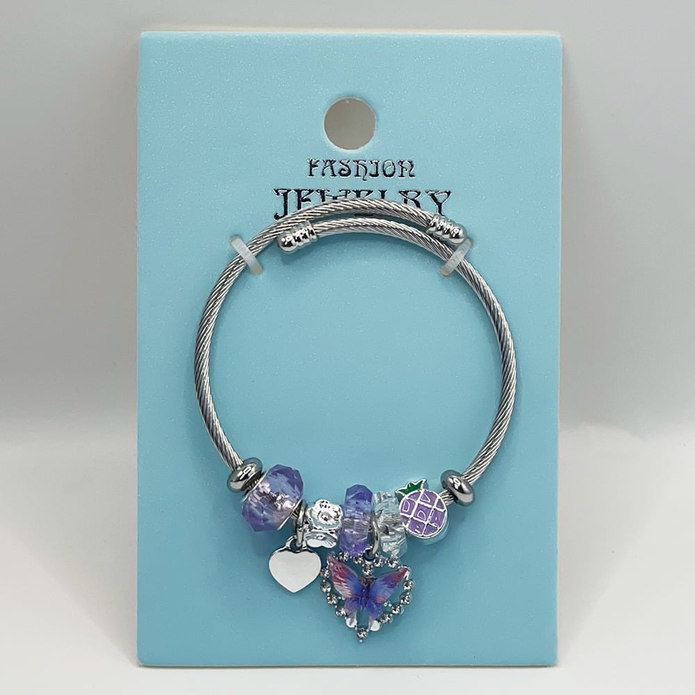 Stainless Steel CHARM Bracelet with Purple Rhinestone Butterfly Design