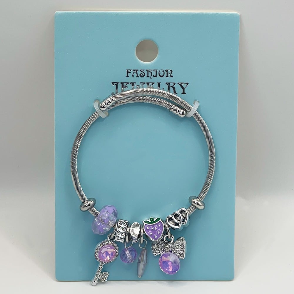 Stainless Steel CHARM Bracelet with Purple Key and Gemstones Design
