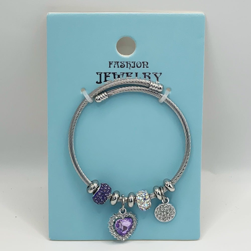 Stainless Steel CHARM Bracelet with Rhinestone Purple Heart Design