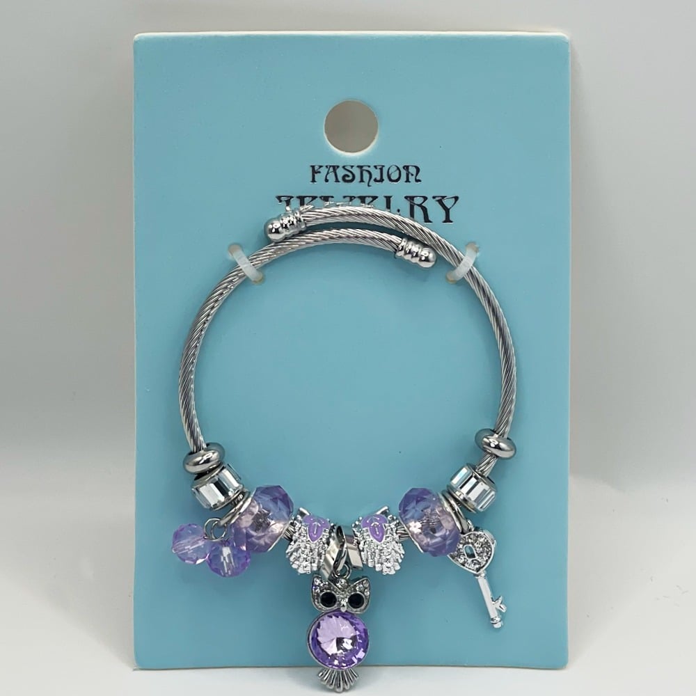 Stainless Steel Charm Bracelet with Purple OWL and Gemstone Design
