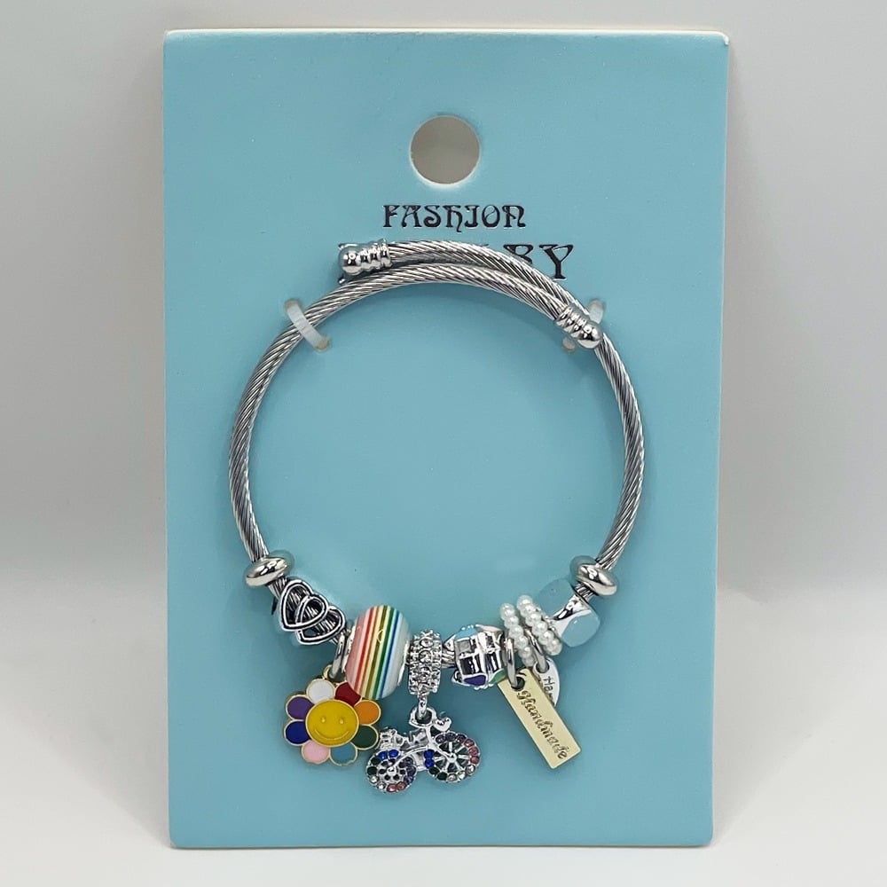 Stainless Steel CHARM Bracelet with Rainbow Sunflower and Bike Design