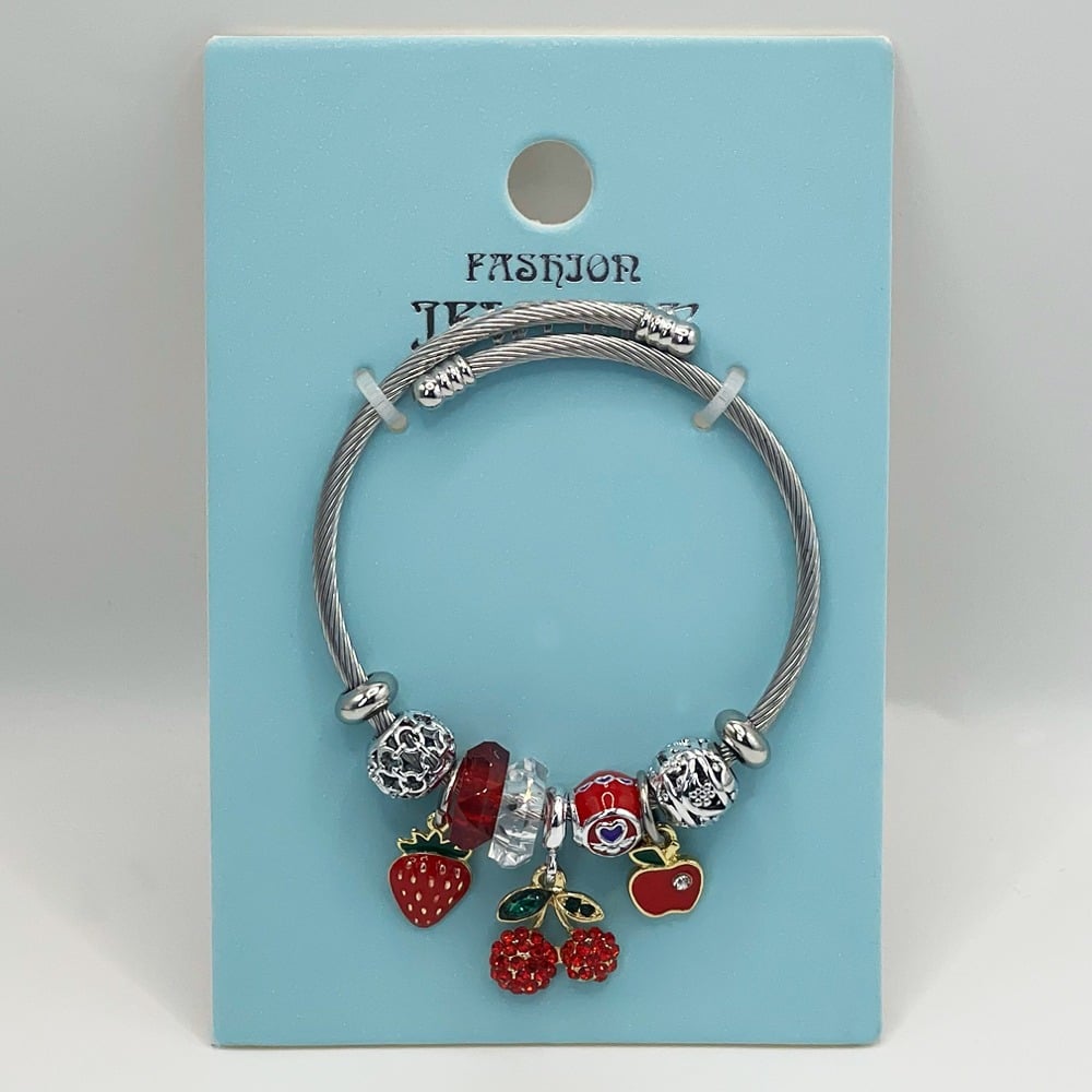 Stainless Steel CHARM Bracelet with Red Cherry and Fruit Design