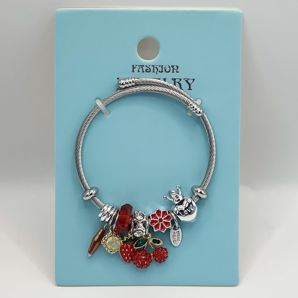 Stainless Steel CHARM Bracelet with Cherry and Strawberry Design