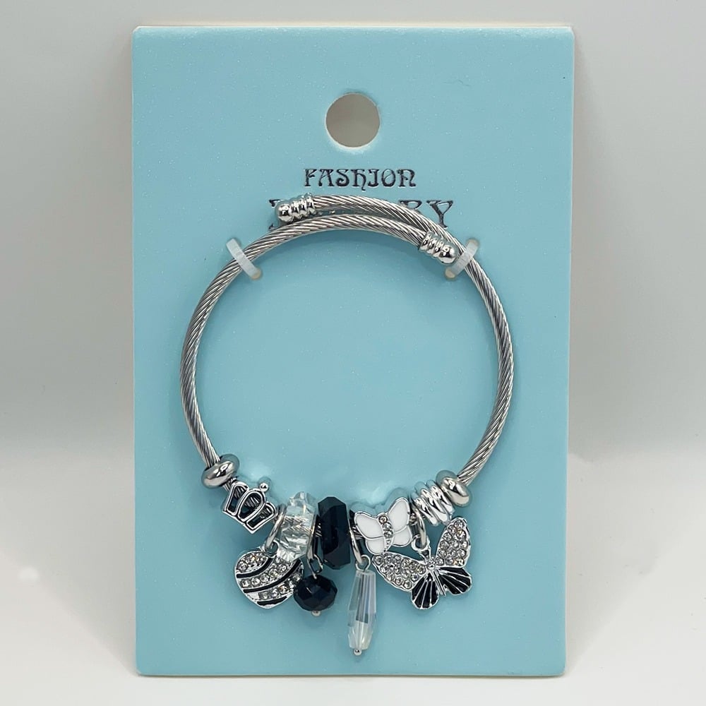 Stainless Steel CHARM Bracelet with Rhinestone Heart and Butterfly Design