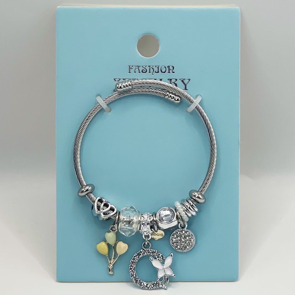 Stainless Steel CHARM Bracelet with Crescent Moon and Butterfly Design