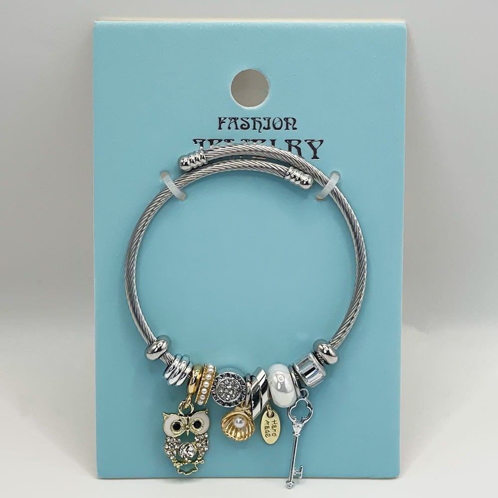 Stainless Steel Charm Bracelet with Golden OWL Design