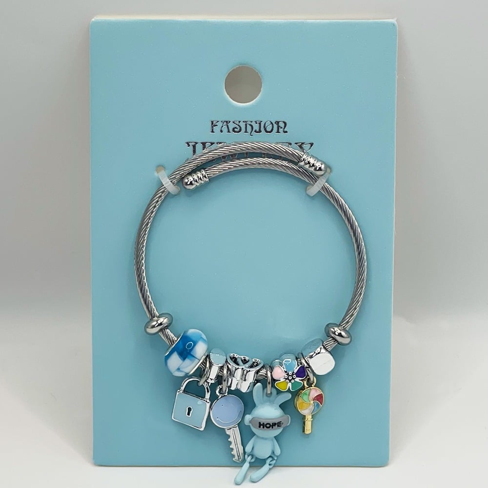 Stainless Steel CHARM Bracelet with Blue Lock and Key Design