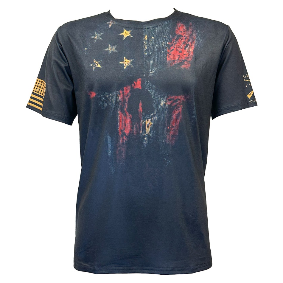 Western Graphic Tees for Men - Patriotic Skull Print on Black SHORT Sleeves