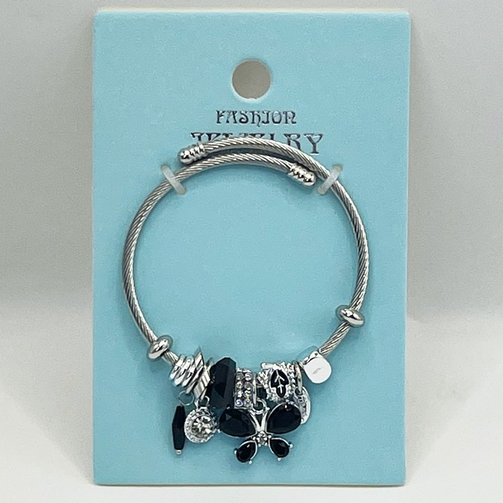 Stainless Steel CHARM Bracelet with Dark Butterfly Design
