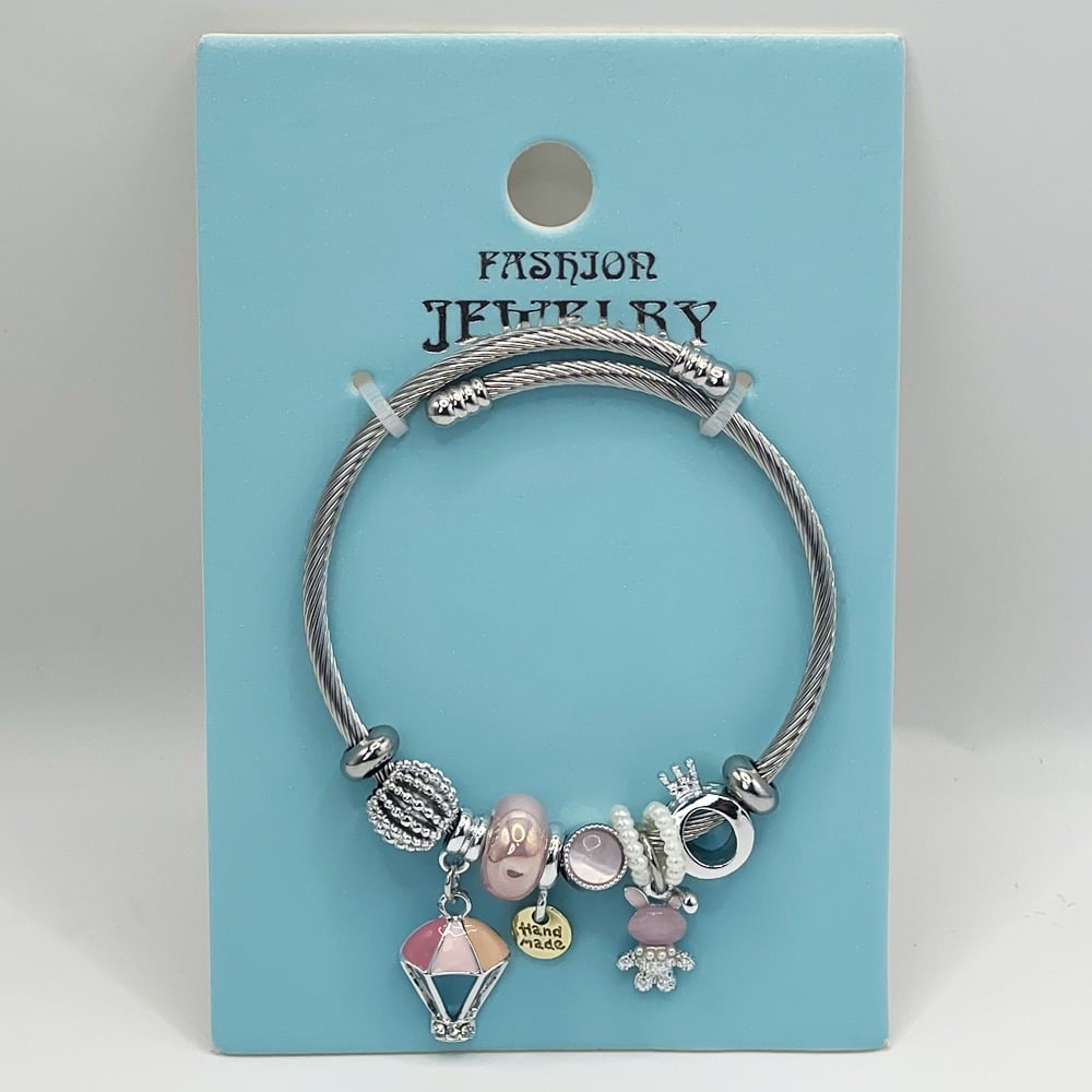 Stainless Steel CHARM Bracelet with Pink and Silver Beads Design