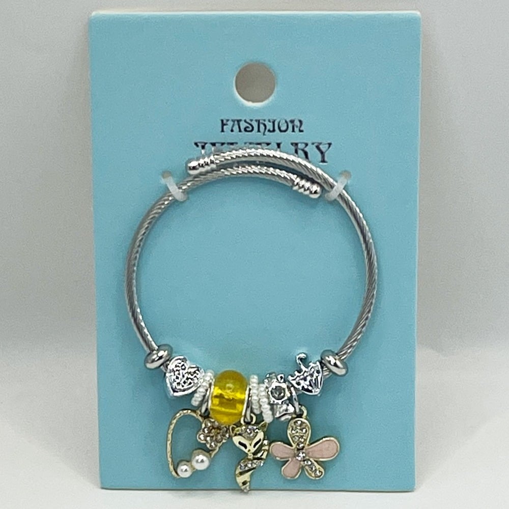 Stainless Steel CHARM Bracelet with Golden Rhinestone Flower Design