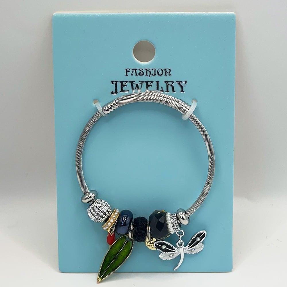 Stainless Steel CHARM Bracelet with Leaf and Butterfly Design