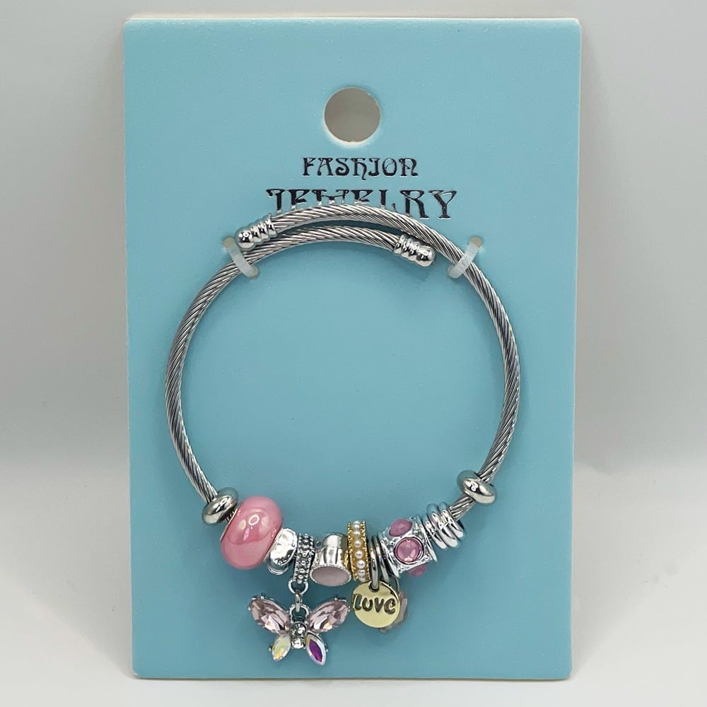 Stainless Steel CHARM Bracelet with Pink Beads and Butterfly Design