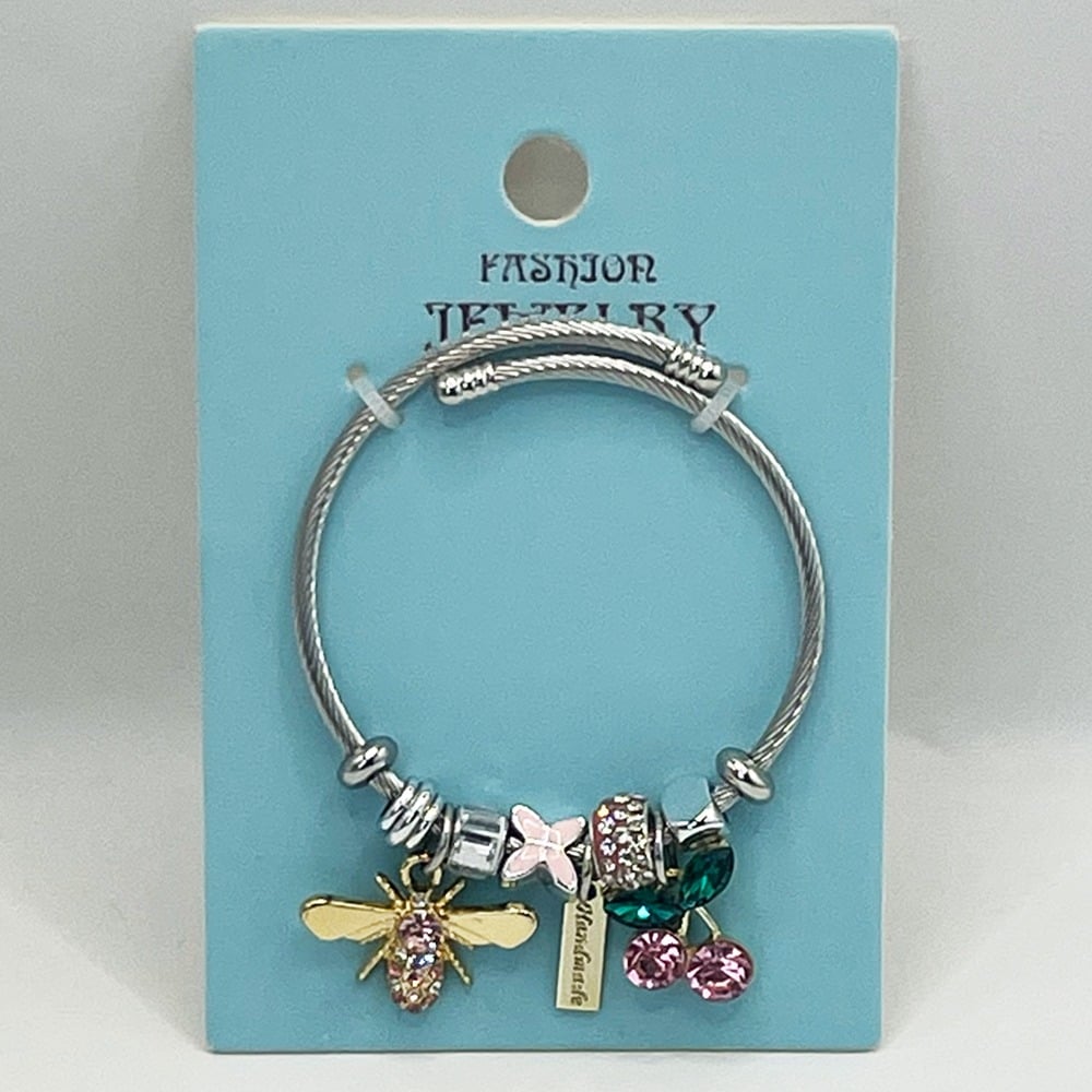Stainless Steel CHARM Bracelet with Golden Bee and Cherry Design