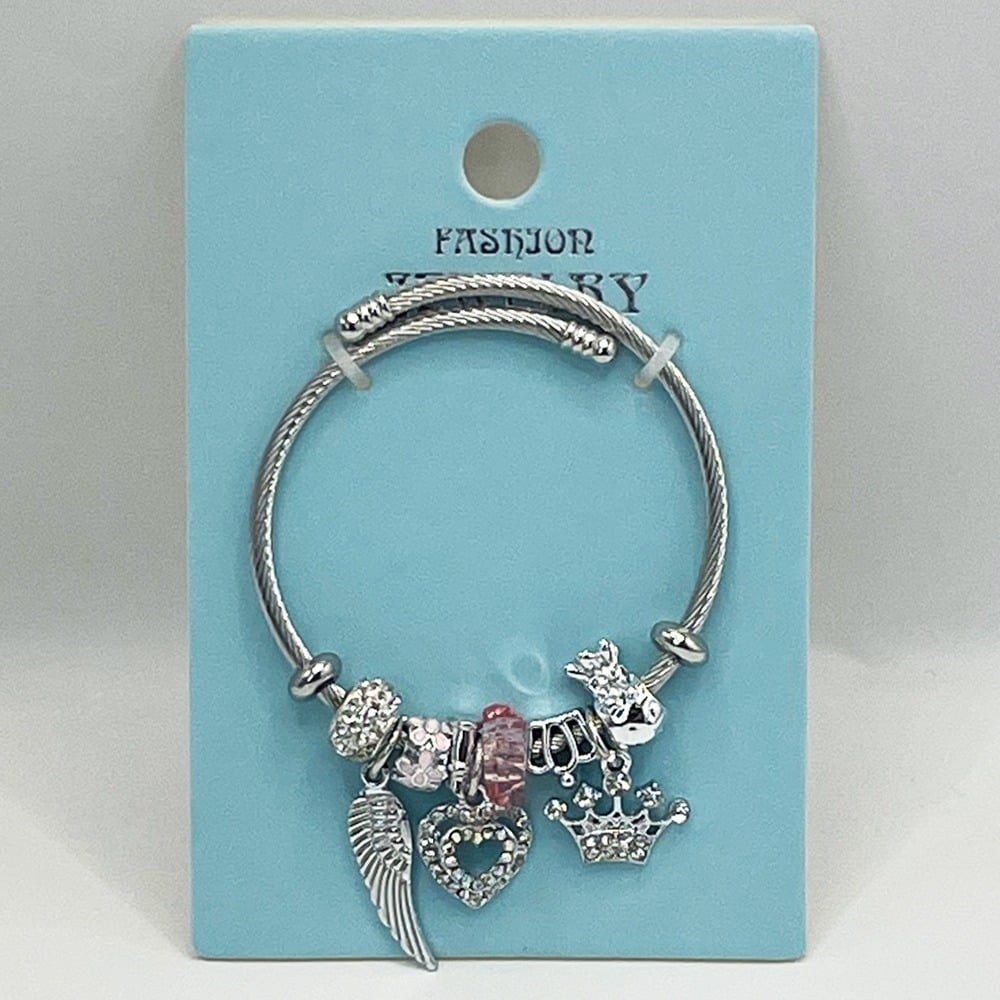 Stainless Steel CHARM Bracelet with Rhinestone Heart and Crown Design