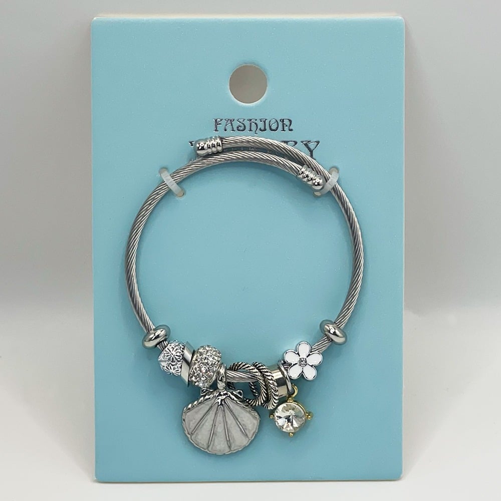 Stainless Steel CHARM Bracelet with Silver Rhinestone Sea Shell Design