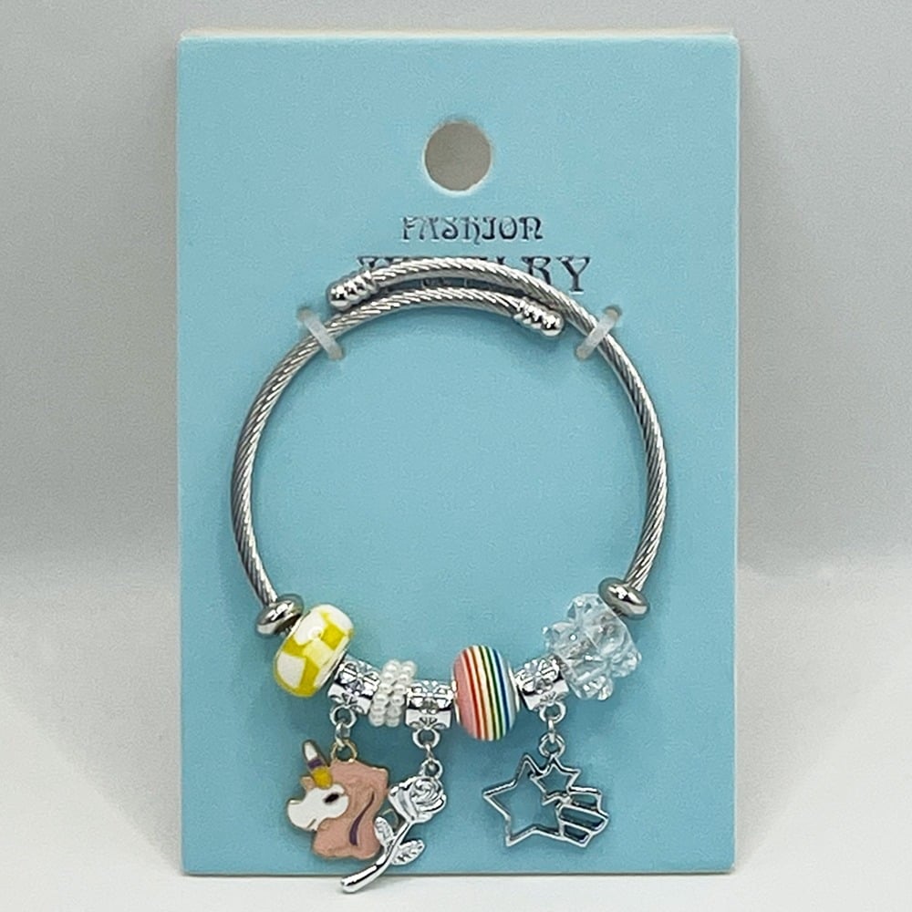 Stainless Steel Charm Bracelet with Rainbow Beaded UNICORN Design