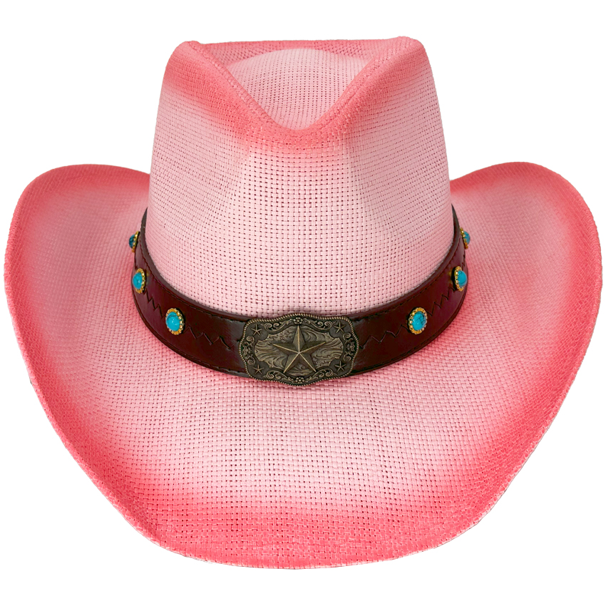 Shaded Pink Western COWBOY HATS with Star Buckle - Turquoise Beaded HATband 