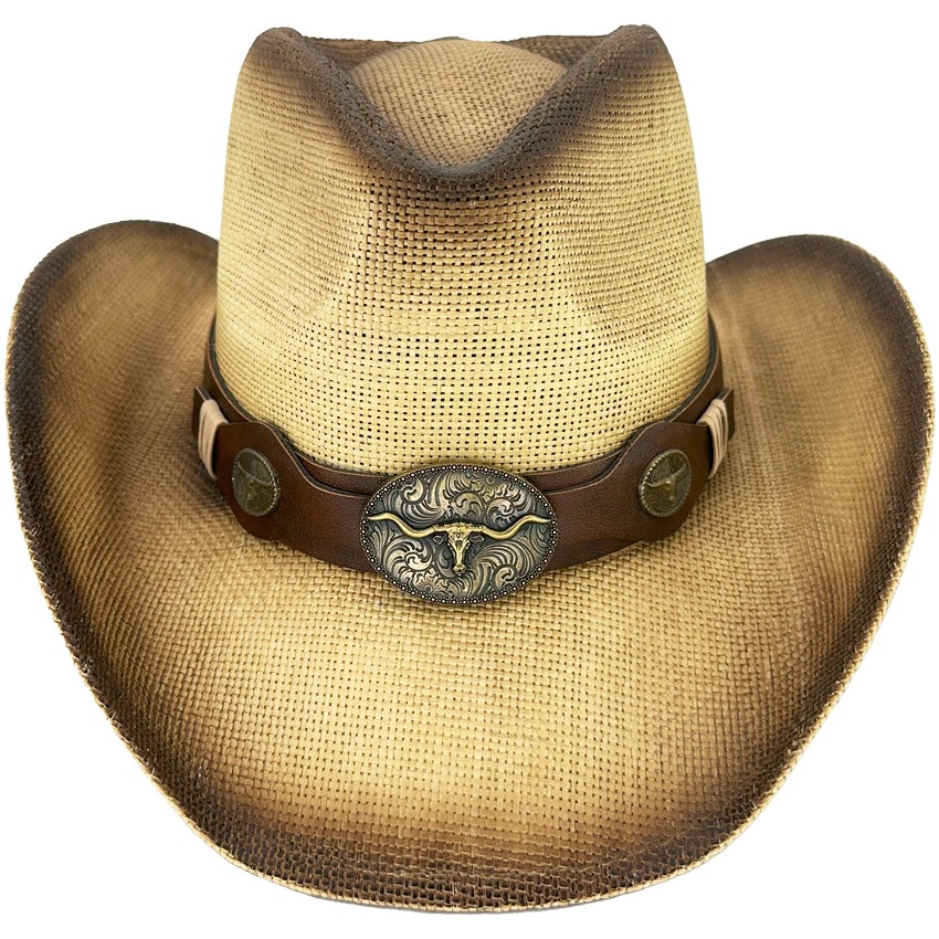 Light Brown COWBOY HATS with Bull Buckle and Leather HATband