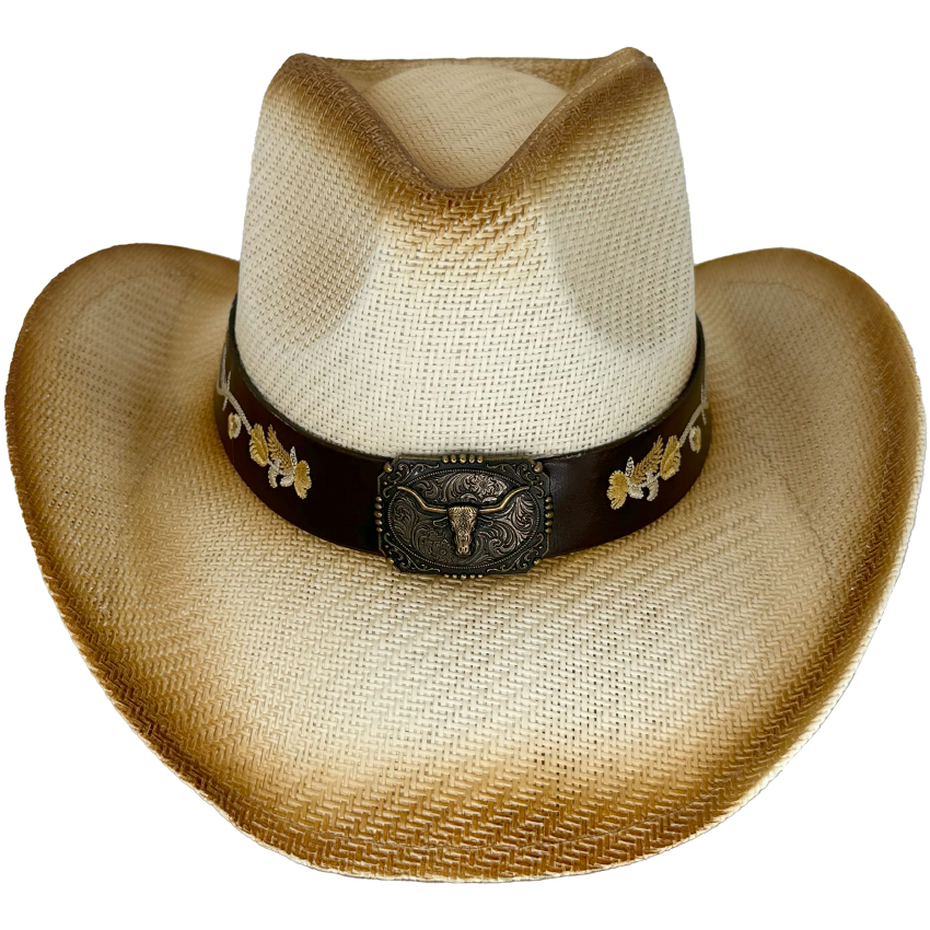 Straw COWBOY HATS with Bull Buckle and Yellow Embroidered Band
