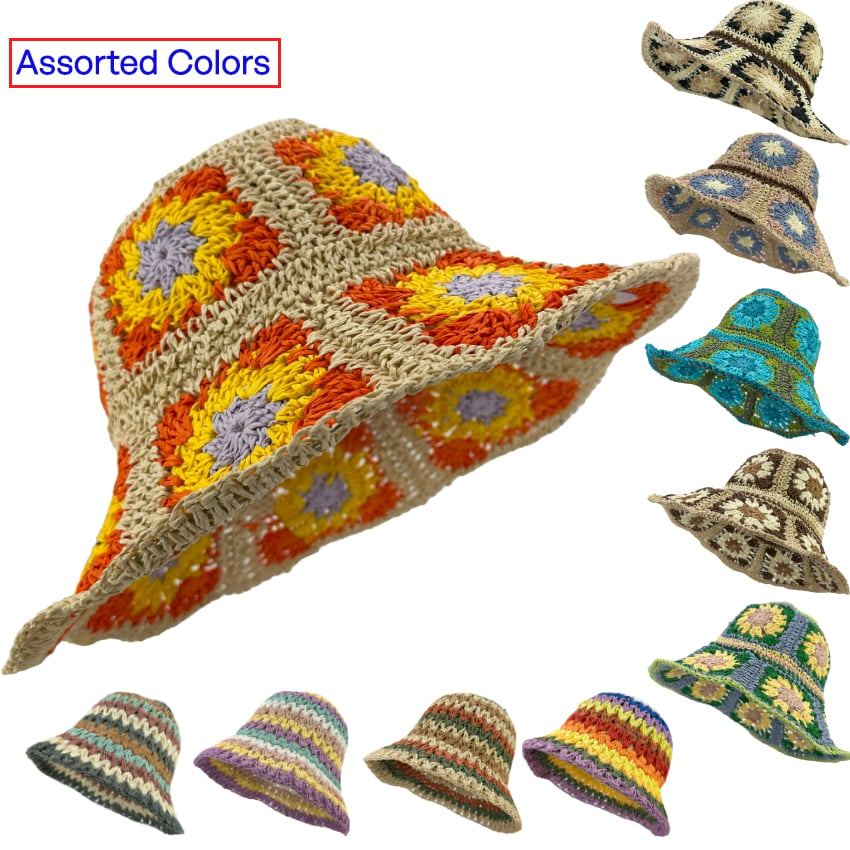 STRAW Crochet Bucket HATs with Assorted Styles and Colors