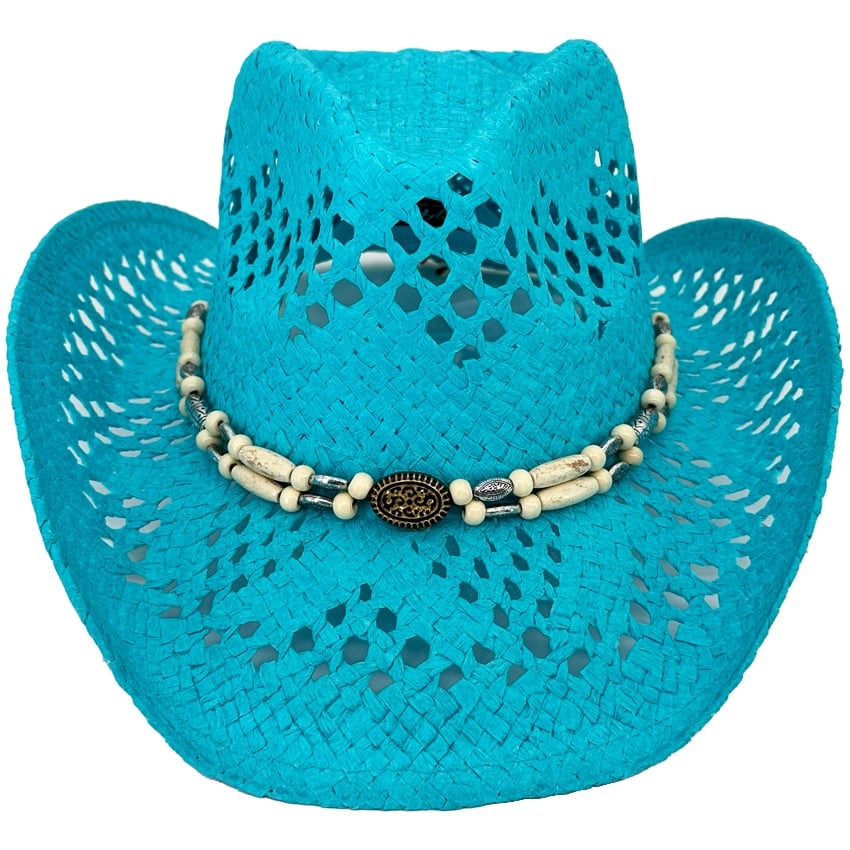Hollow Turquoise Blue Straw Beach Cowboy Hats with VINTAGE Beaded Hatband