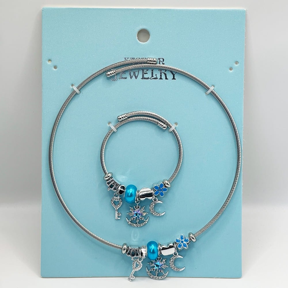 StAinlEss StEEl ChArm BrAcElEt And NEcklAcE SEt - OcEAn BluE STAR And CrEscEnt DEsign
