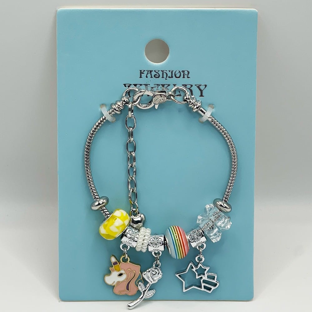 Adjustable Stainless Steel Charm Bracelet with Rainbow Bangle and UNICORN Design