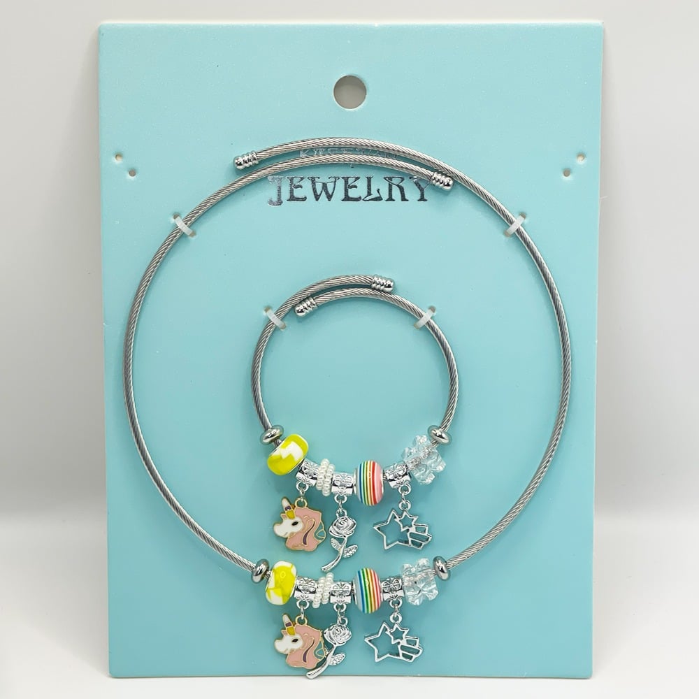 Stainless Steel Charm Necklace and Bracelet Set - Pink UNICORN and Rainbow Gemstones