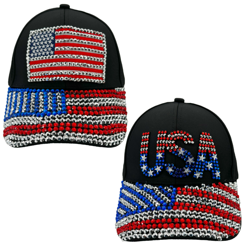 USA Flag Rhinestone Black CAPS - American Patriotism Design