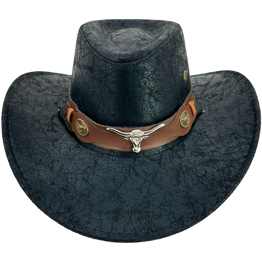 VINTAGE Black Leather Cowboy Hats with Bull Buckle and Band - Adjustable Strap