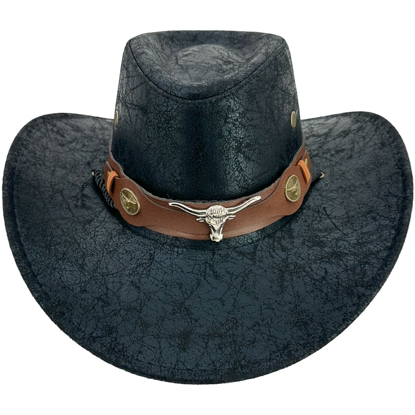 Vintage Black Leather Cowboy Hats with Bull Buckle and Band - Adjustable Strap