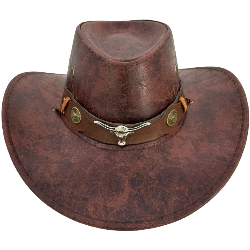 VINTAGE Brown Leather Cowboy Hats with Bull Buckle and Band - Adjustable Strap