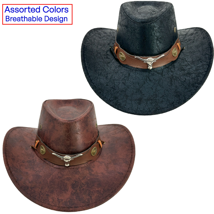 VINTAGE Leather Cowboy Hats with Quality Leather Band and Bull Buckle - Black and Brown