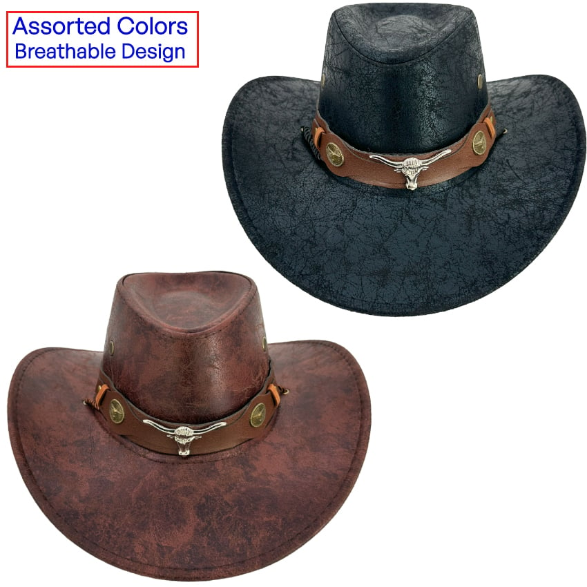 Vintage LEATHER Cowboy Hats with Quality LEATHER Band and Bull Buckle - Black and Brown