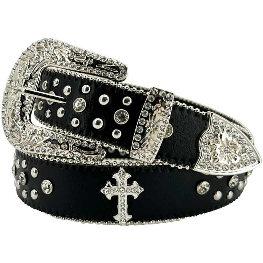 Western Cowgirl Black Rhinestone BELTs - Silver Cross