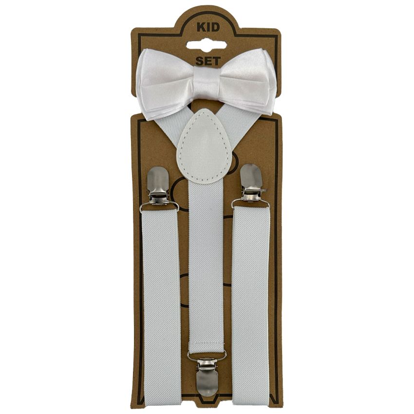 Adjustable Bowtie SUSPENDER Set for Kids - Elastic Y-Back Design with Strong Metal Clips - White