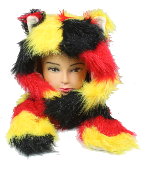 Multicolor Plush Hat with Paw Mittens