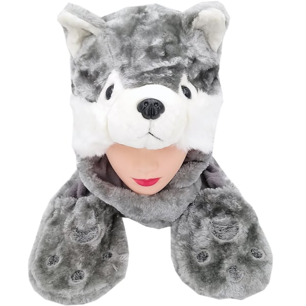 Plush Wolf Beanie HAT with Paw Mittens