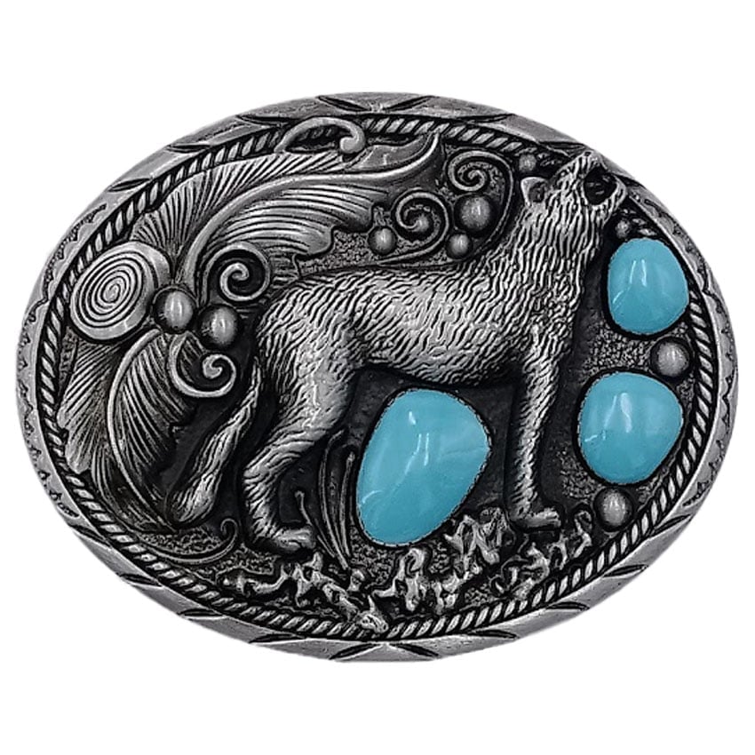 Howling Wolf Belt Buckles with Turquoise Beads