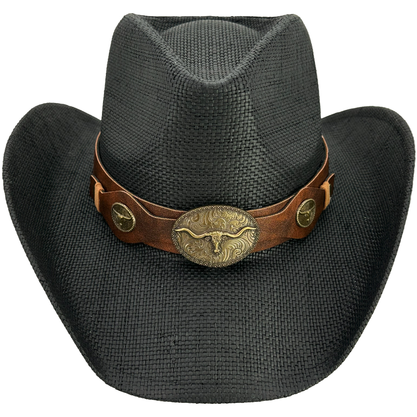 Black Cowboy Hats with Quality LEATHER Band and Bull Buckle