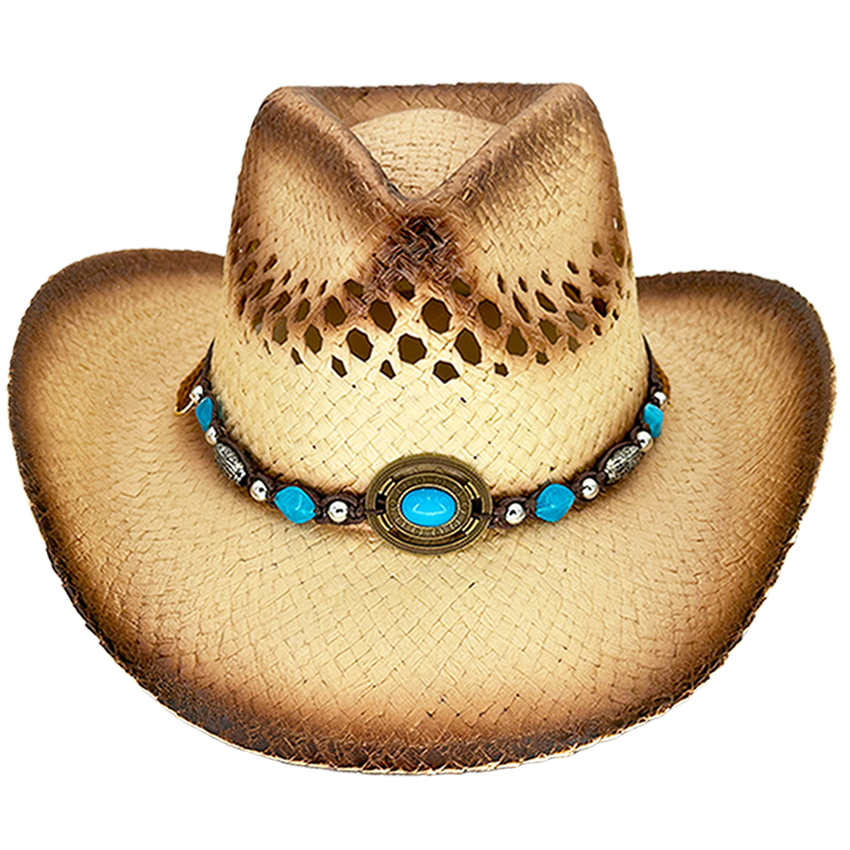 Breathable Raffia Straw Brown Cowboy Hat with Beaded Band