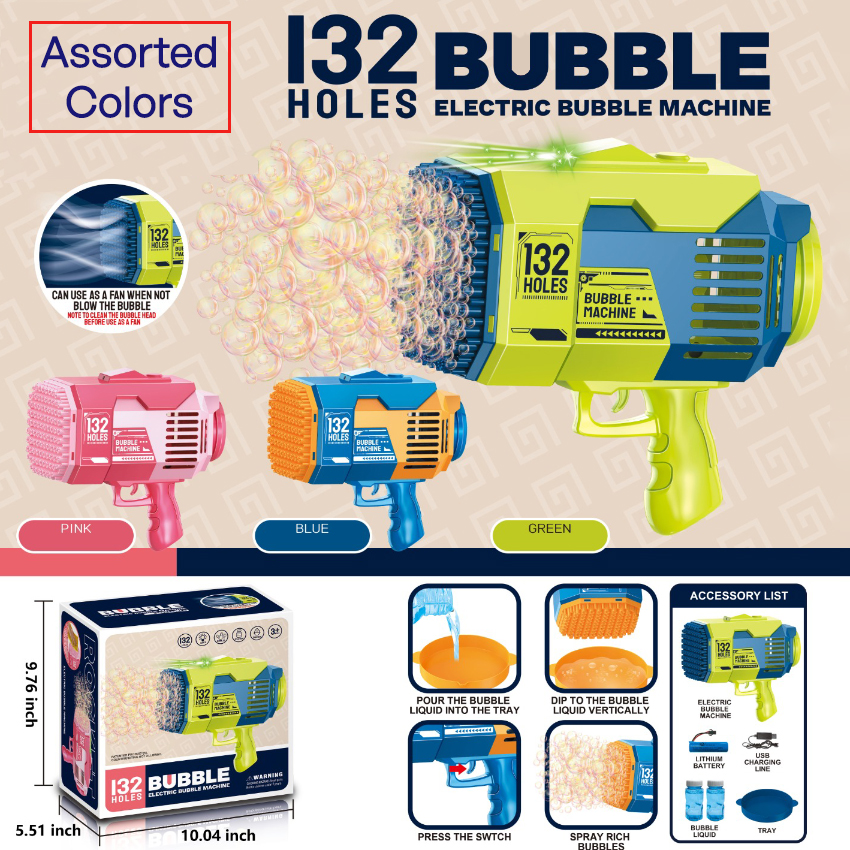 Electric BUBBLE Machine Toy GUNs - 132 Holes | Pink, Green and Blue